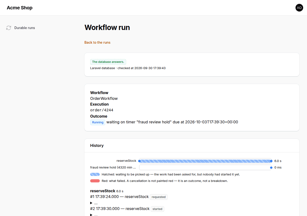 The Filament run page of an execution waiting on a timer, with its History timeline