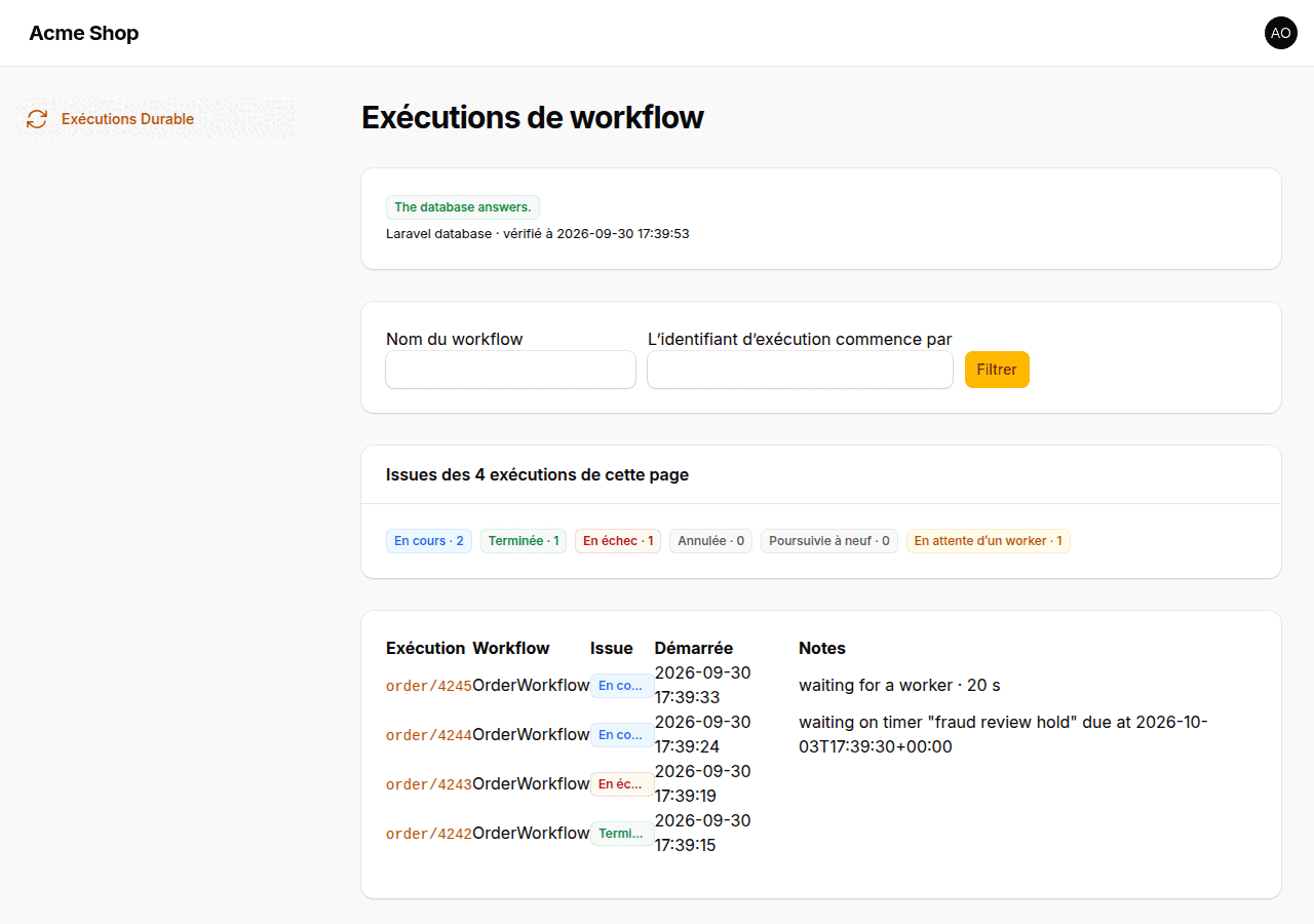 La page Exécutions Durable de Filament : état du backend, filtres, compteurs par issue et liste des exécutions