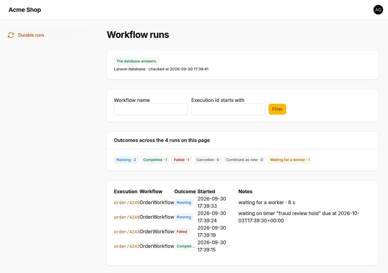 The Filament Durable runs page: backend state, filters, counters per outcome and the list of runs