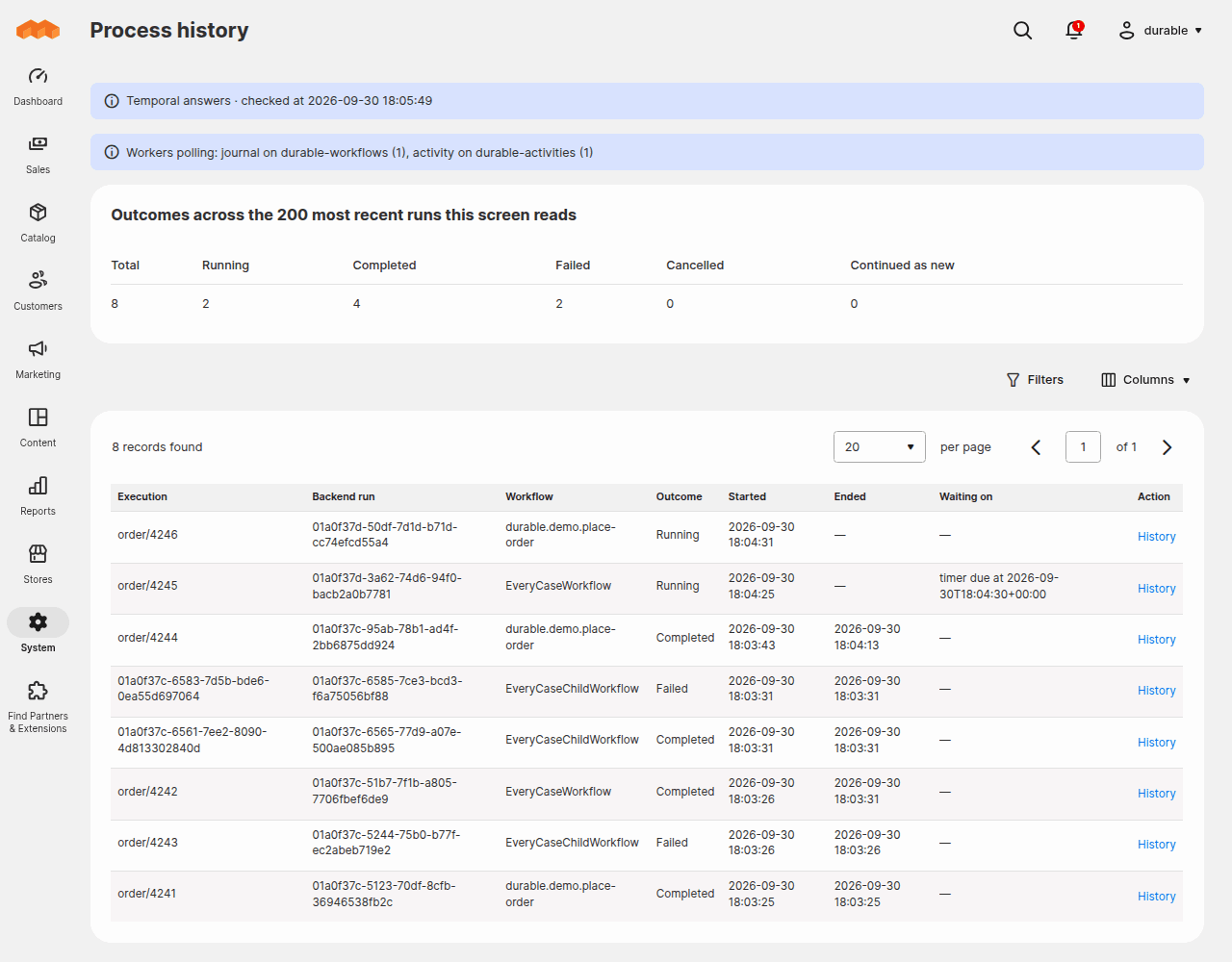 The Magento process history grid: backend state, worker presence, counters per outcome and the list of runs
