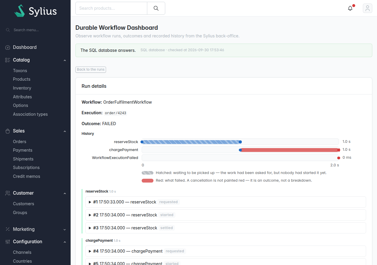 The run page of a failed execution, with the failing activity in red
