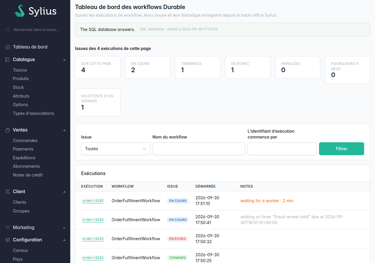 Le tableau de bord Sylius : état du backend, compteurs par issue, filtres et liste des exécutions
