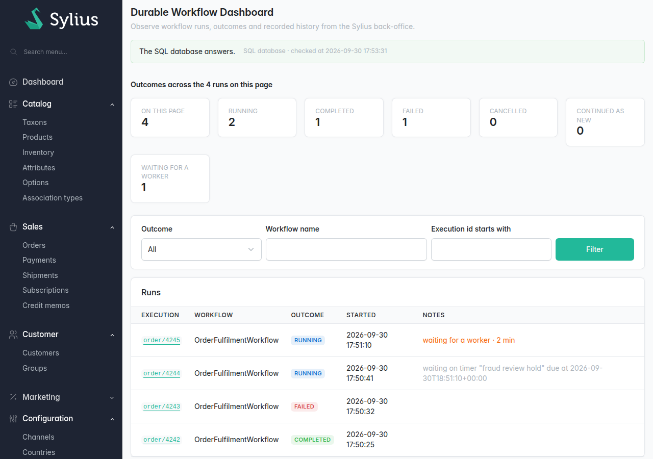 The Sylius dashboard: backend state, counters per outcome, filters and the list of runs